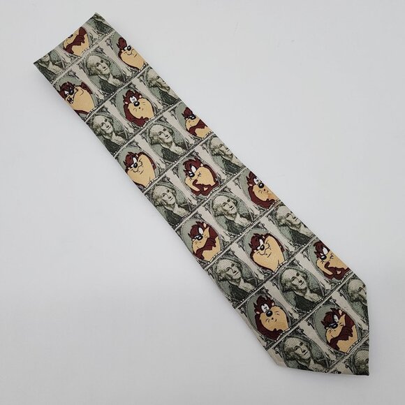 Tasmanian Devil and Money Necktie by Looney Tunes 1997 Green Polyester 57.5" L 3 - Picture 3 of 6